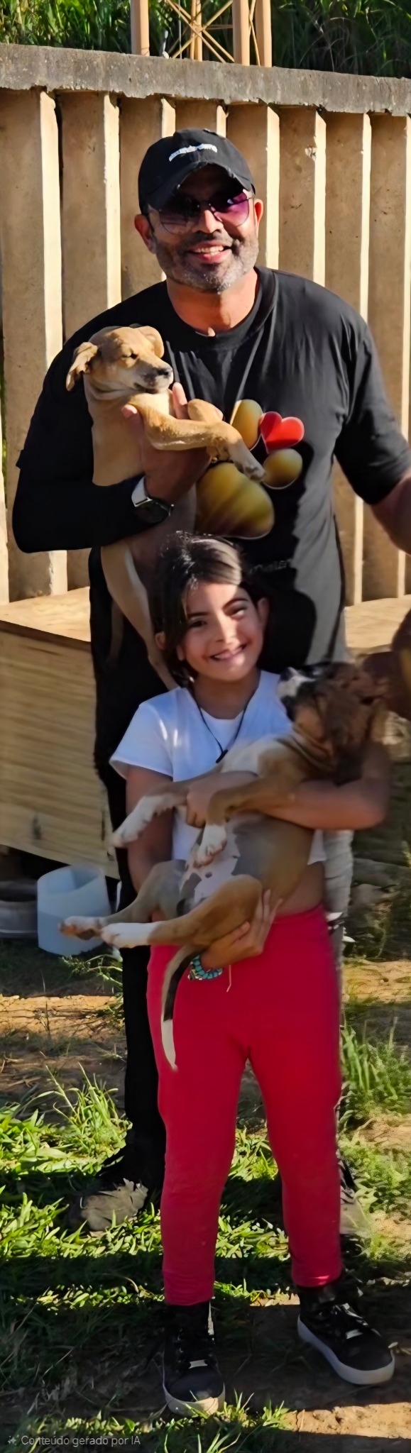 Delegado Jônatas ao ar livre com uma criança e filhotes de cachorro.
