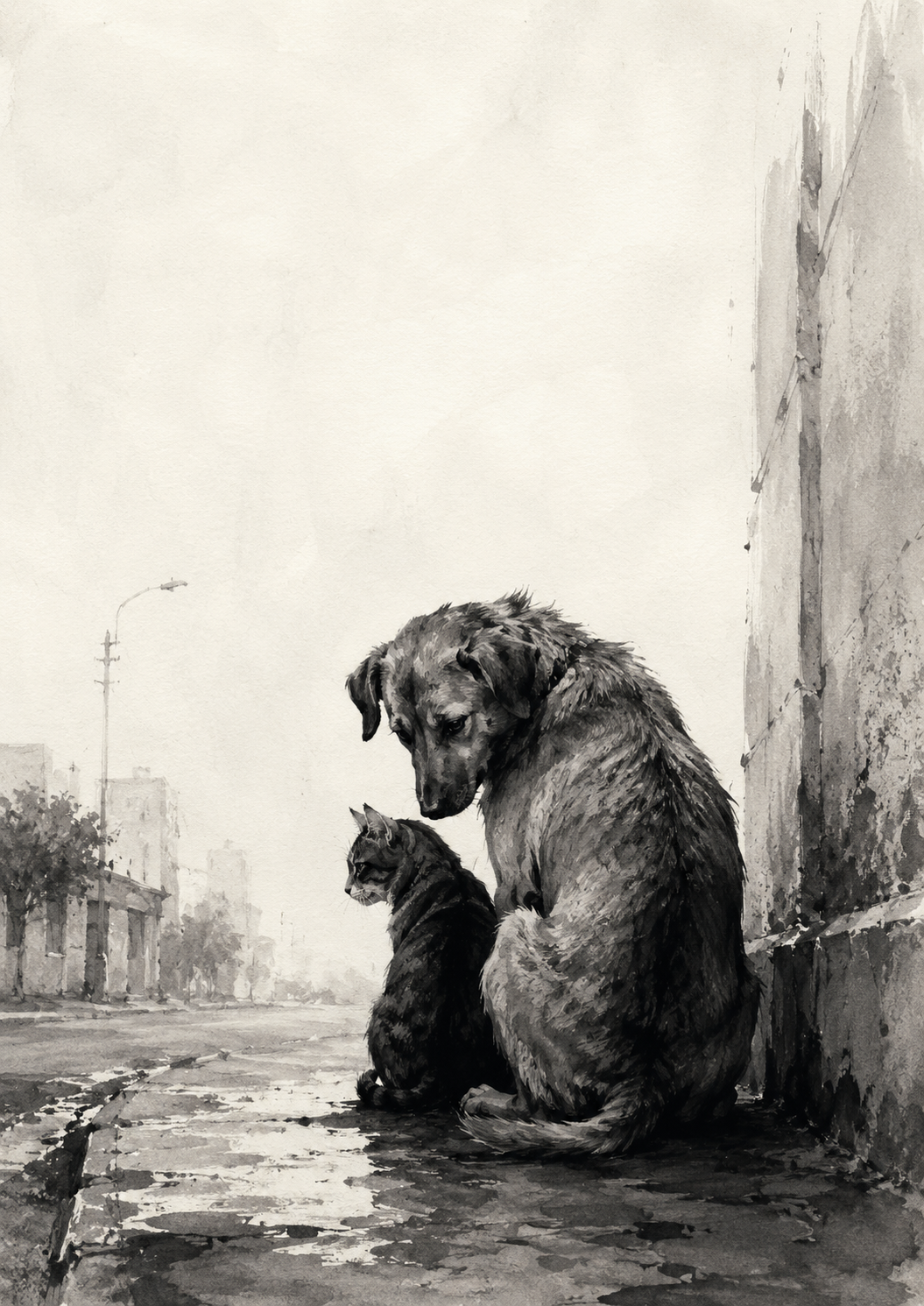 Ilustração em preto e branco de um cachorro e um gato em uma rua.